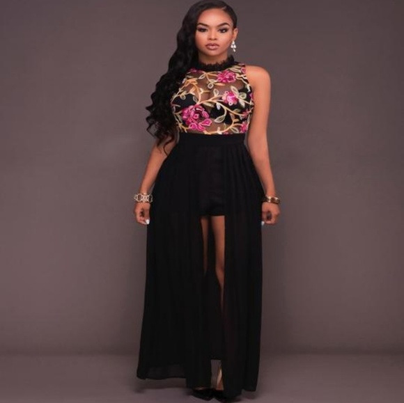 Dresses & Skirts - Black Sheer Mesh Chiffon Romper Maxi Dress